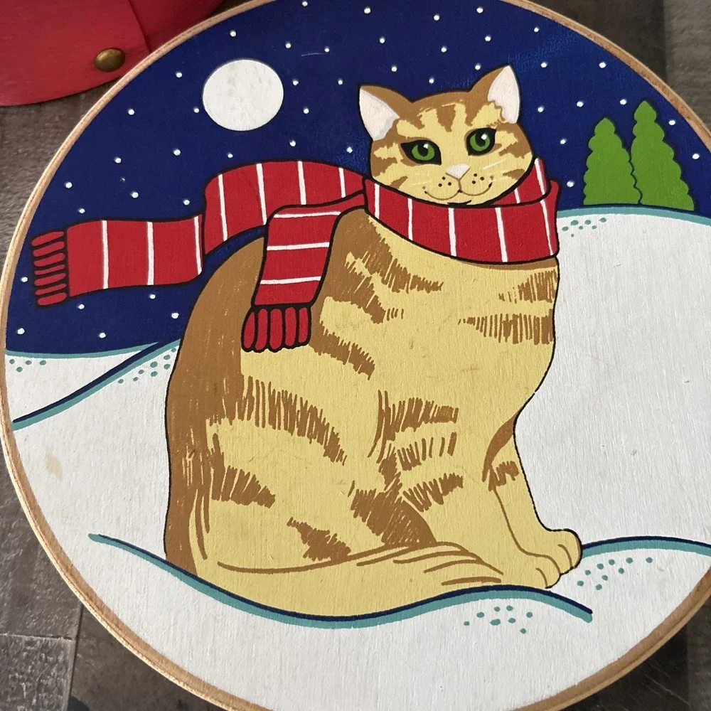 Vintage Hand Painted Winter Cat Wood Nesting Box CottageCore vandor 1983 pelzman